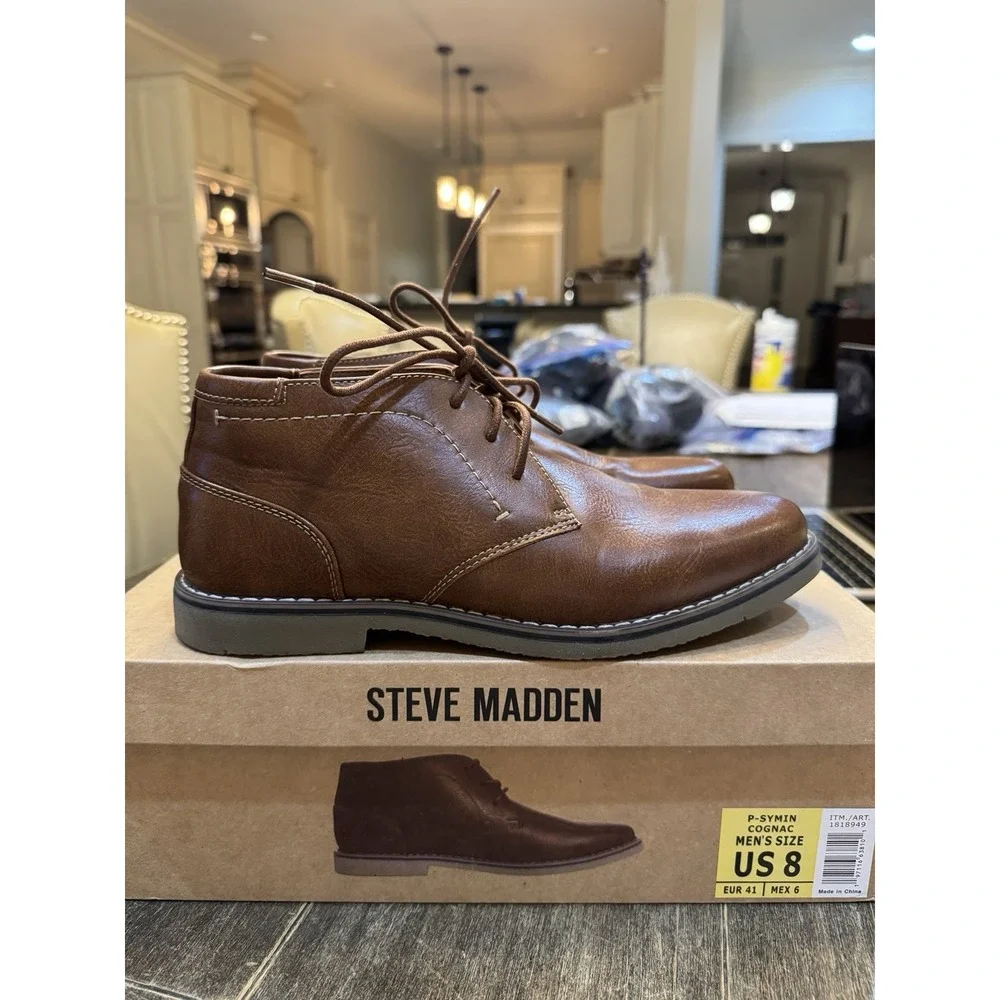 🌟NEW🌟 Steve Madden Men's Short Chukka P-SYMIN Boots -COGNAC SIZE 8‎